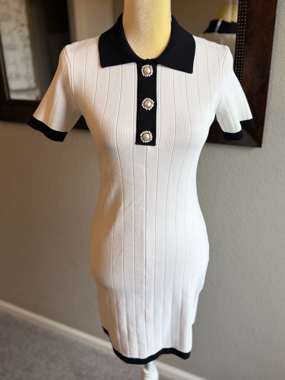 NWT Endless Rose Polo Mini Dress White Black Rib Bodycon Preppy Chic NORDSTROM